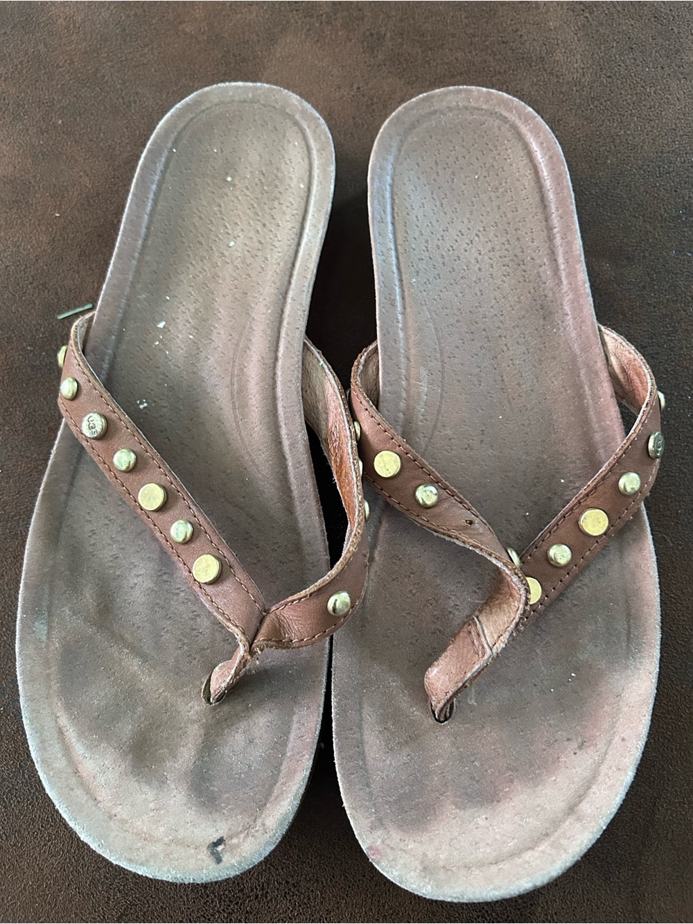 UGG Brown Studded Leather Thong Sandals